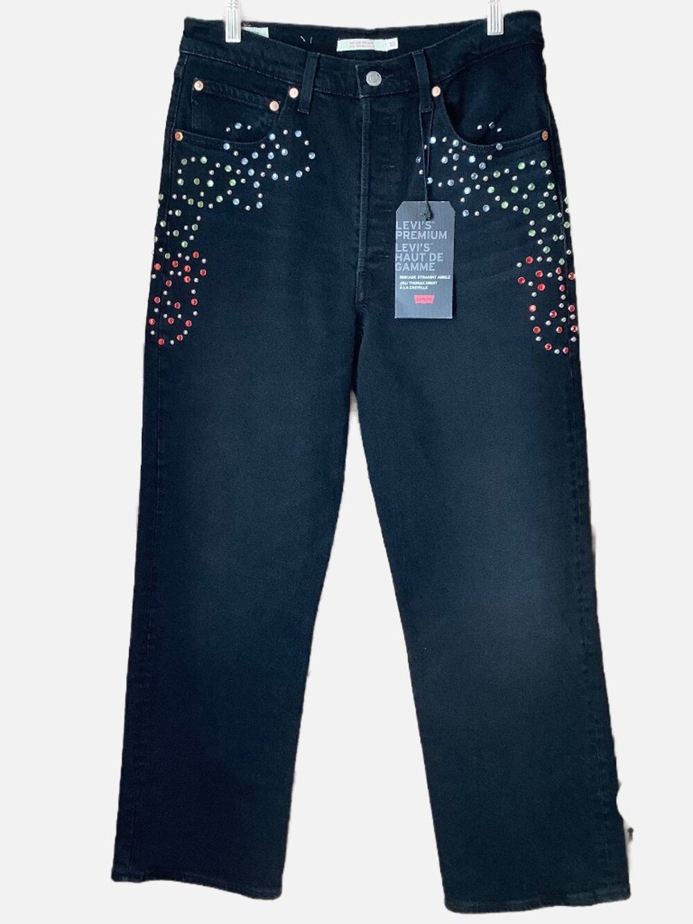 LEVI'S Premium Ribcage Straight Ankle Jeans Black Studded Embellished 30